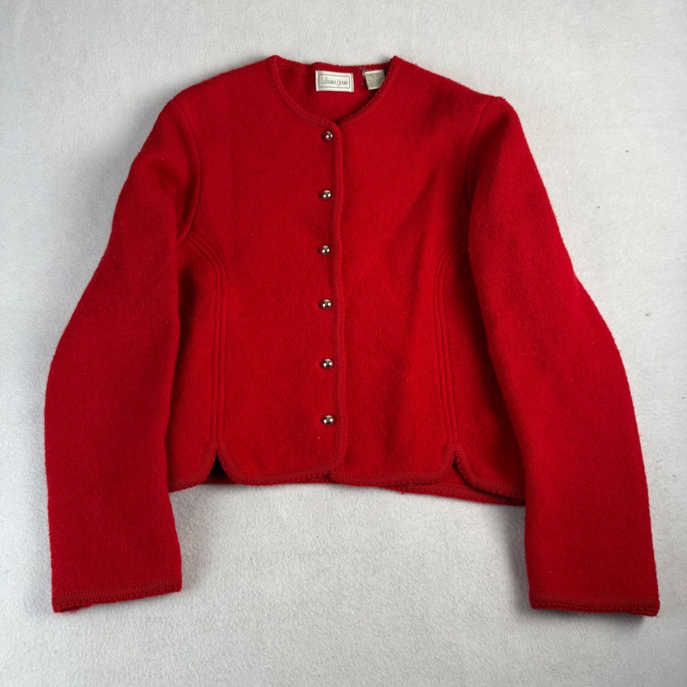 Laura Jean Red Boiled Wool Cardigan Scalloped Hem Silver Button Vintage 13/14